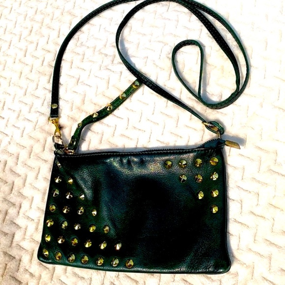 TUSCANY LEATHER FIRENSE TL ROCKBAG GREEN LEATHER GOLD STUDDED CLUTCH & CROSSBODY